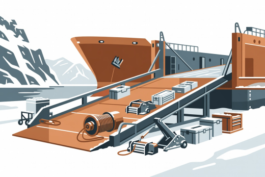 Flat vector illustration in copper, grey and white depicting a Norwegian roll-on roll-off fjord ferry ramp and winter vehicle recovery gear